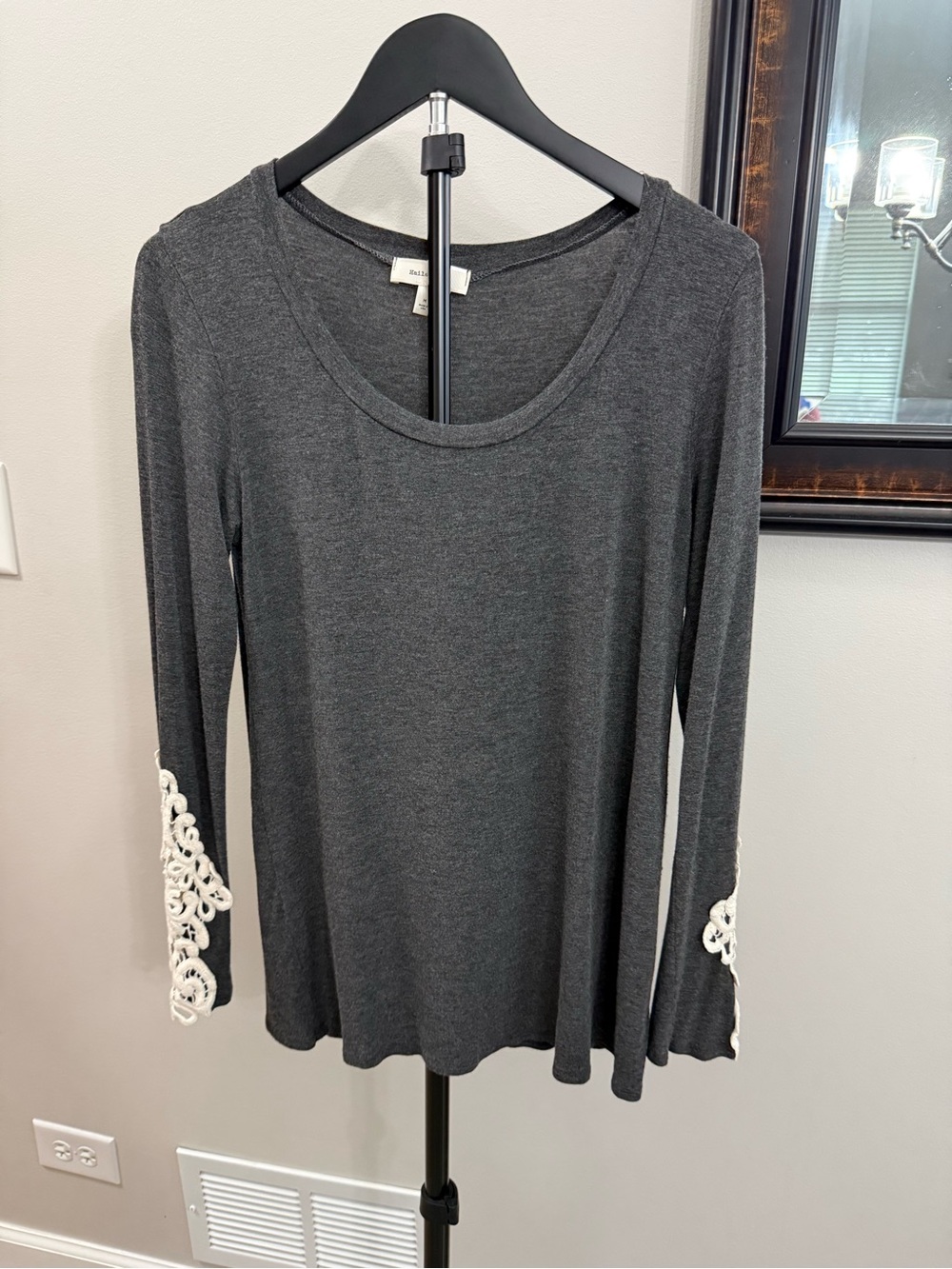 Women's Charcoal Long Sleeve Scoop Neck Tee with White Lace Sleeve Detail
